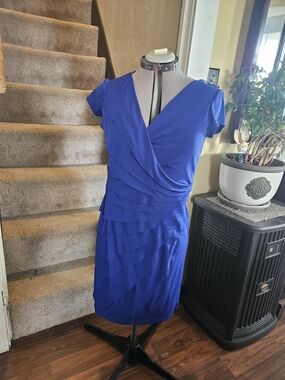 London Times Royal Blue V-Neck Ruffled Midi Dress